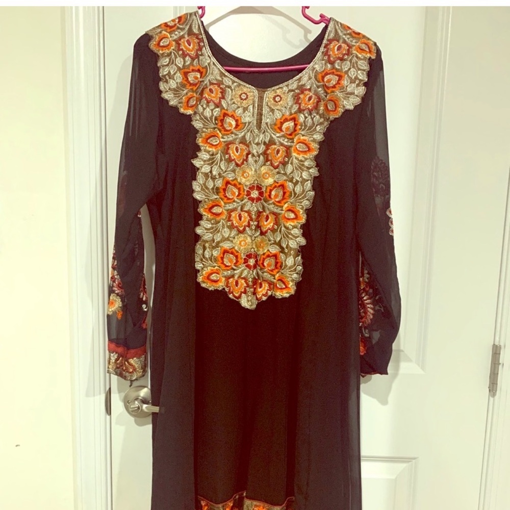 Black Embroidered Long Sleeve Dress with Orange Floral Accents